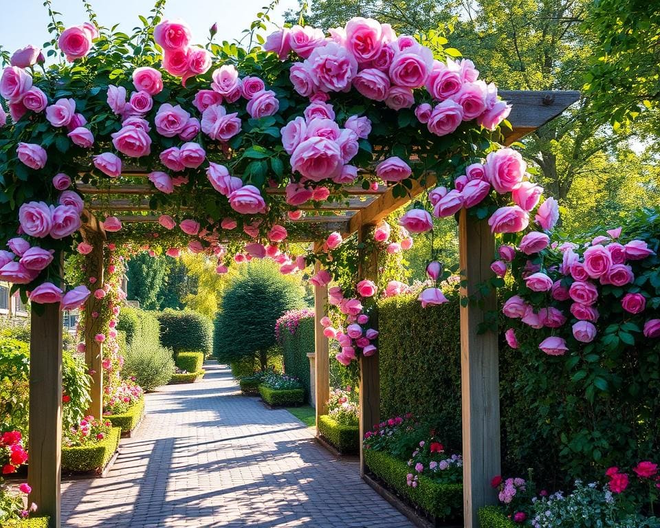 Kletterrosen auf einer Pergola