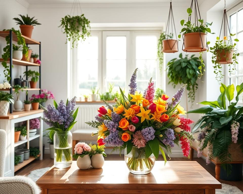 Frühlingsdeko mit Blumen und Pflanzen