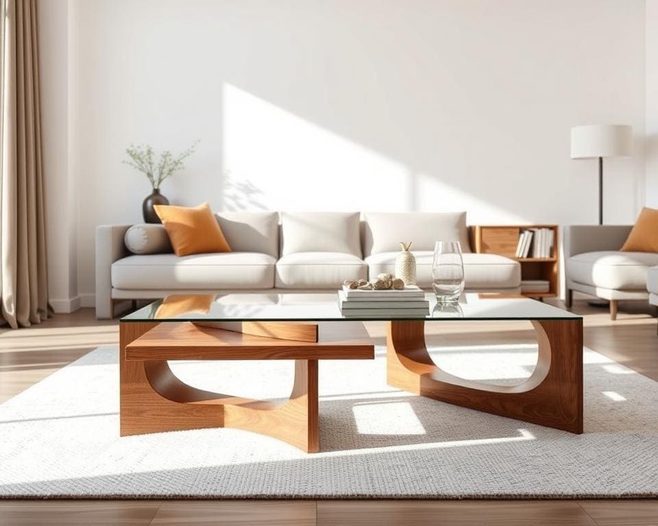 Minimalistische Couchtische mit Glas und Holz kombiniert