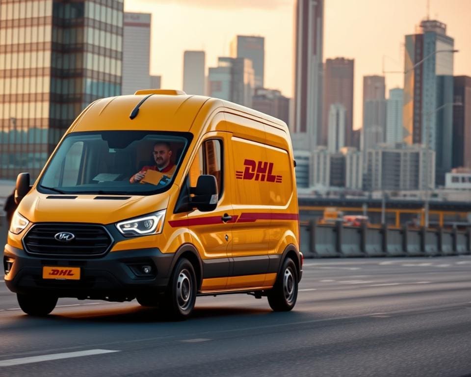 DHL-Fahrer und Technologieeinsatz bei der Paketzustellung